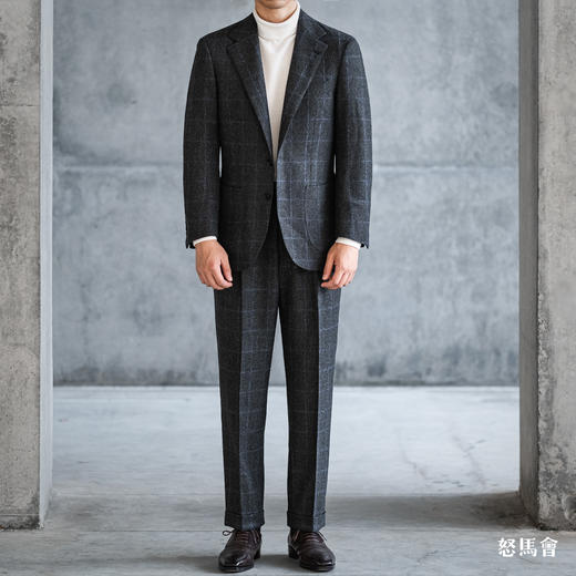 Stylbiella Super 100's 澳洲美丽诺羊毛碳灰色蓝窗格纹粗纺法兰绒套装 商品图0