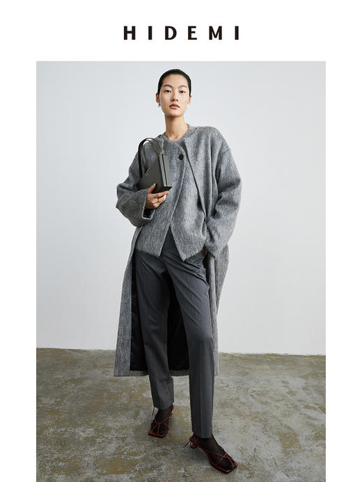 HIDEMI 水墨灰马海毛可拆卸围巾设计感长款茧型两件套大衣 商品图10