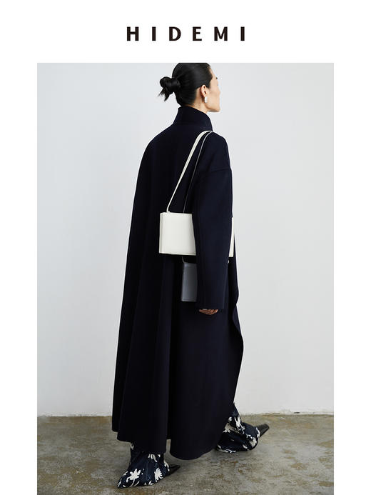 HIDEMI 藏蓝色两粒扣设计感立领腰带式不对称长款澳毛大衣 商品图5