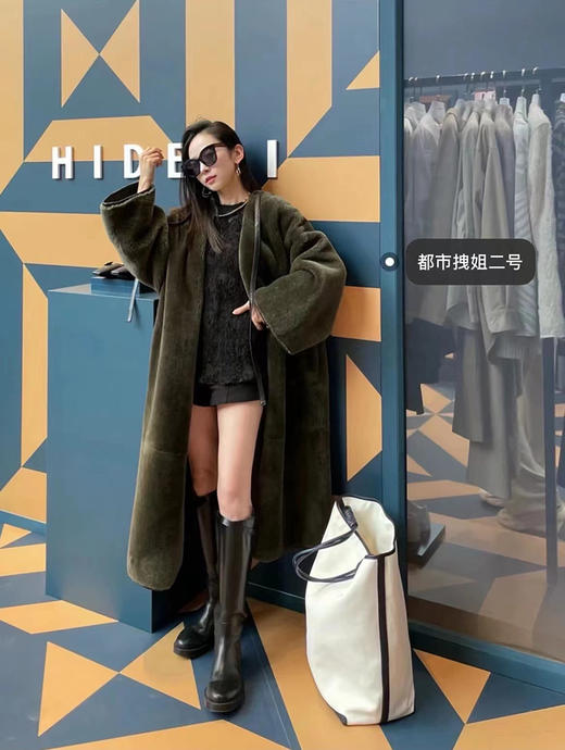 HIDEMI 海藻绿皮毛一体拼皮边系带设计感长款大衣 商品图10