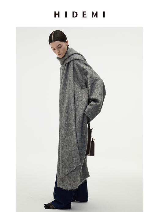HIDEMI 水墨灰马海毛可拆卸围巾设计感长款茧型两件套大衣 商品图7