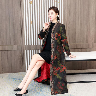 AHM- yqwl9959 绢纺香云纱旗袍外套女2021冬新款中国风复古夹棉加厚保暖长款大衣 商品图3