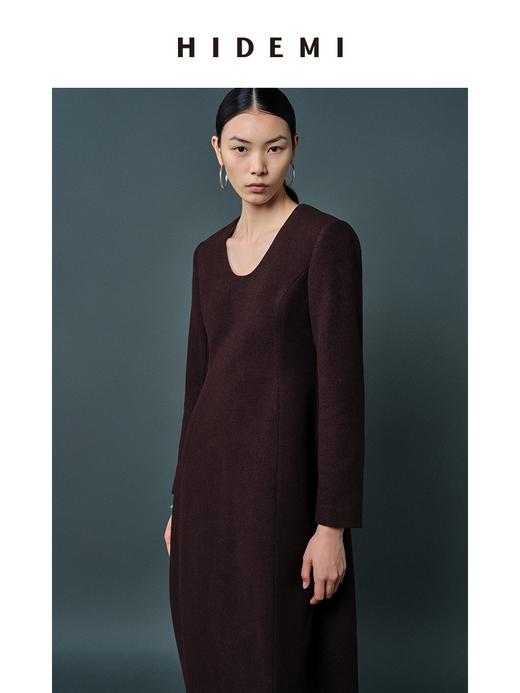 HIDEMI 羊毛复古棕收腰设计感花瓶式茧型厚款立体连衣裙 商品图3