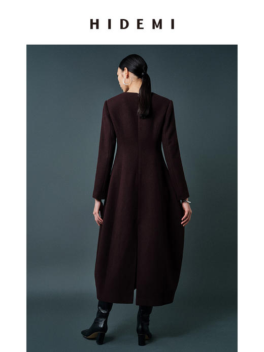 HIDEMI 羊毛复古棕收腰设计感花瓶式茧型厚款立体连衣裙 商品图5