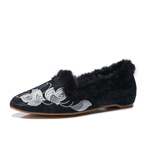 秋冬毛边加绒毛滚边时尚尖头绣花布鞋 商品图5