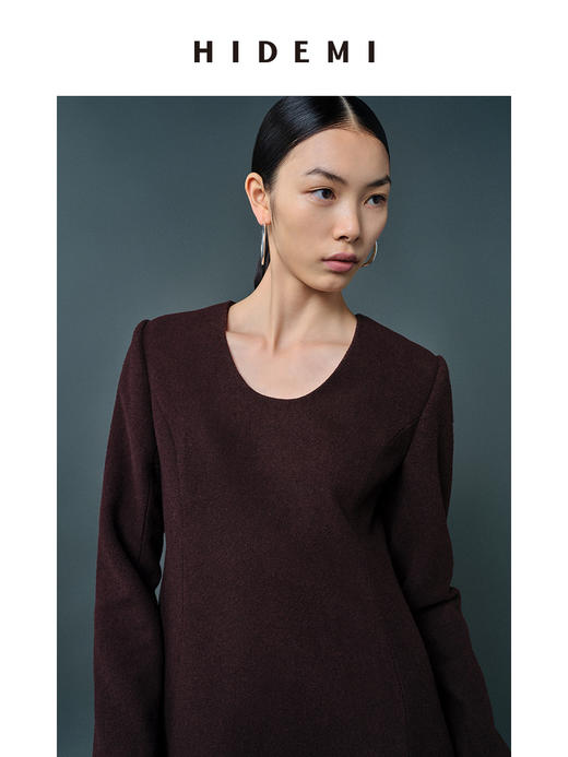 HIDEMI 羊毛复古棕收腰设计感花瓶式茧型厚款立体连衣裙 商品图4