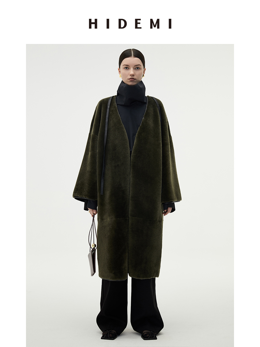 HIDEMI 海藻绿皮毛一体拼皮边系带设计感长款大衣