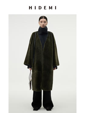 HIDEMI 海藻绿皮毛一体拼皮边系带设计感长款大衣