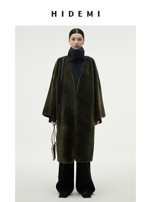 HIDEMI 海藻绿皮毛一体拼皮边系带设计感长款大衣 商品图0
