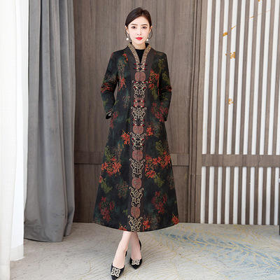 AHM- yqwl9959 绢纺香云纱旗袍外套女2021冬新款中国风复古夹棉加厚保暖长款大衣 商品图2