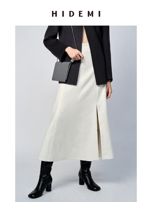 HIDEMI 白色羊毛厚款前开衩半身裙 商品图1