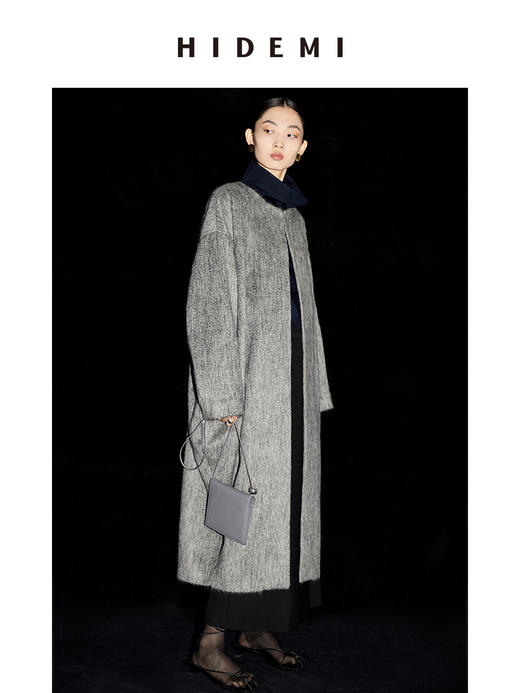 HIDEMI 水墨灰马海毛可拆卸围巾设计感长款茧型两件套大衣 商品图2