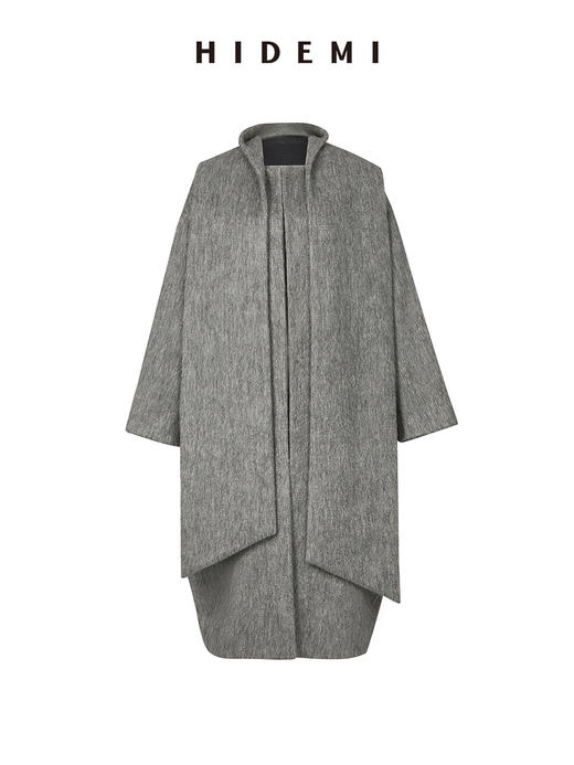 HIDEMI 水墨灰马海毛可拆卸围巾设计感长款茧型两件套大衣 商品图11
