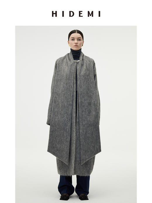 HIDEMI 水墨灰马海毛可拆卸围巾设计感长款茧型两件套大衣 商品图8