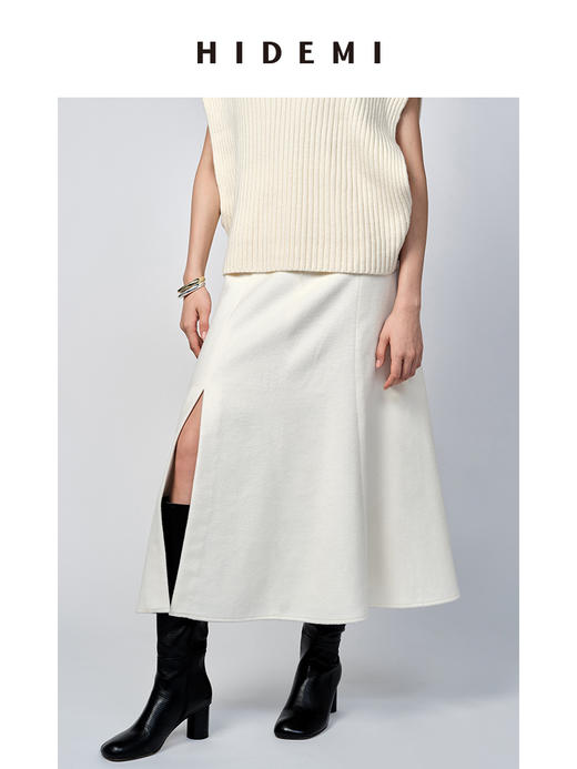 HIDEMI 白色羊毛厚款前开衩半身裙 商品图5
