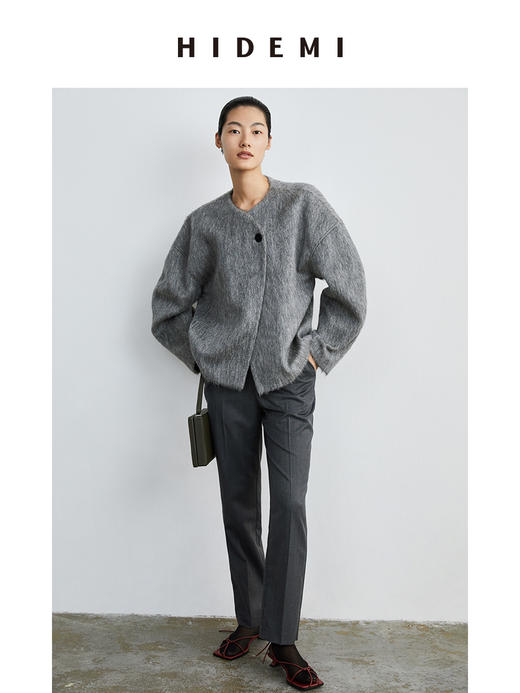 HIDEMI 水墨灰马海毛可拆卸围巾设计感短款茧型两件套大衣 商品图8