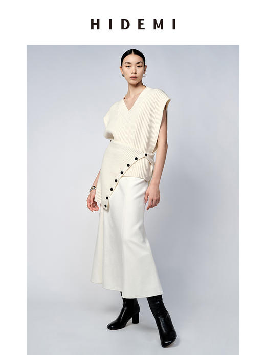 HIDEMI 白色羊毛厚款前开衩半身裙 商品图6