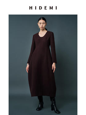 HIDEMI 羊毛复古棕收腰设计感花瓶式茧型厚款立体连衣裙