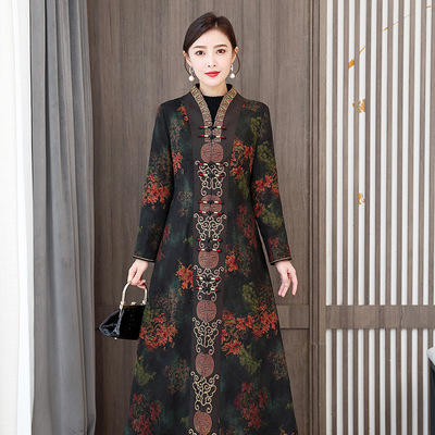 AHM- yqwl9959 绢纺香云纱旗袍外套女2021冬新款中国风复古夹棉加厚保暖长款大衣 商品图1