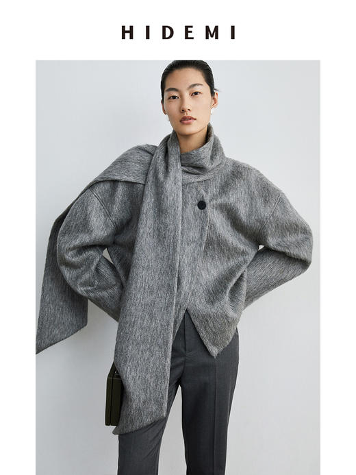 HIDEMI 水墨灰马海毛可拆卸围巾设计感短款茧型两件套大衣 商品图9