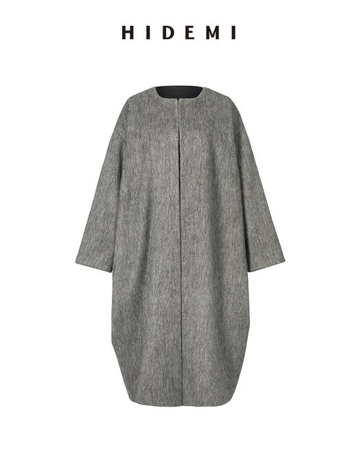 HIDEMI 水墨灰马海毛可拆卸围巾设计感长款茧型两件套大衣 商品图12