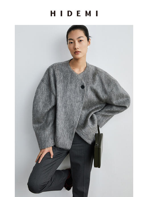 HIDEMI 水墨灰马海毛可拆卸围巾设计感短款茧型两件套大衣 商品图6