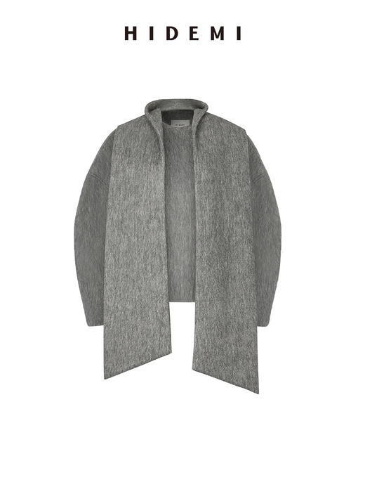 HIDEMI 水墨灰马海毛可拆卸围巾设计感短款茧型两件套大衣 商品图10