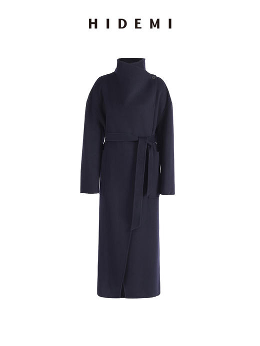 HIDEMI 藏蓝色两粒扣设计感立领腰带式不对称长款澳毛大衣 商品图7
