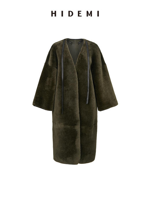 HIDEMI 海藻绿皮毛一体拼皮边系带设计感长款大衣 商品图14