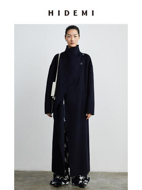 HIDEMI 藏蓝色两粒扣设计感立领腰带式不对称长款澳毛大衣