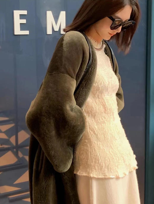 HIDEMI 海藻绿皮毛一体拼皮边系带设计感长款大衣 商品图7