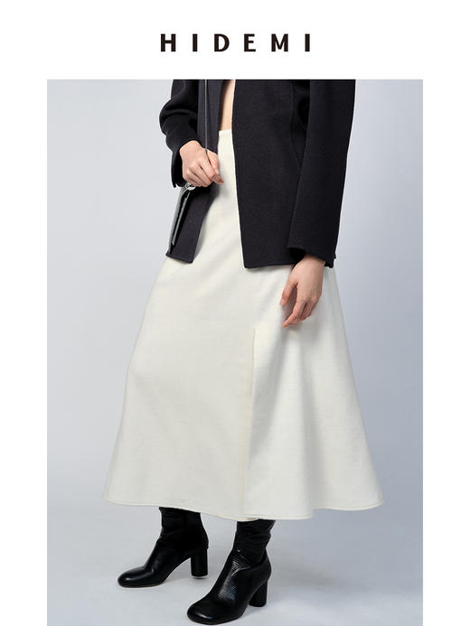 HIDEMI 白色羊毛厚款前开衩半身裙 商品图2