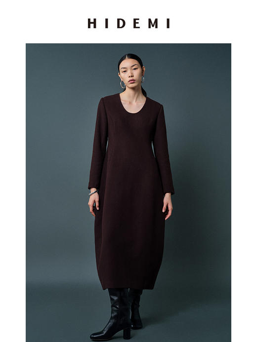 HIDEMI 羊毛复古棕收腰设计感花瓶式茧型厚款立体连衣裙 商品图2