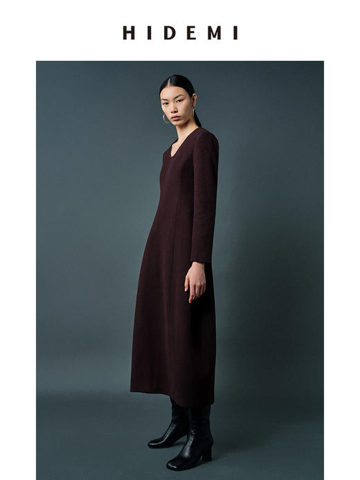 HIDEMI 羊毛复古棕收腰设计感花瓶式茧型厚款立体连衣裙 商品图6