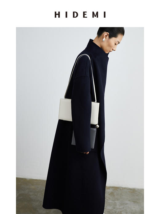 HIDEMI 藏蓝色两粒扣设计感立领腰带式不对称长款澳毛大衣 商品图4