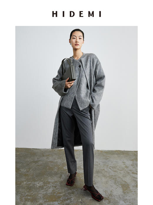 HIDEMI 水墨灰马海毛可拆卸围巾设计感短款茧型两件套大衣 商品图4