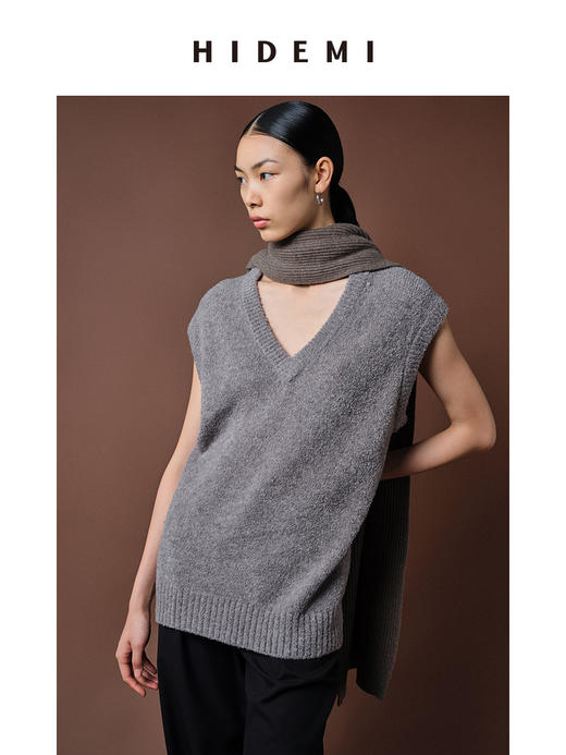HIDEMI 美利奴羊毛系列雾灰色V领马夹 商品图3