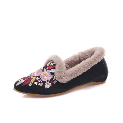 秋冬毛边加绒毛滚边时尚尖头绣花布鞋 商品图3