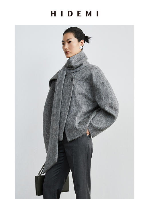 HIDEMI 水墨灰马海毛可拆卸围巾设计感短款茧型两件套大衣 商品图5