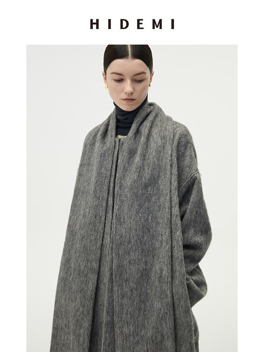 HIDEMI 水墨灰马海毛可拆卸围巾设计感长款茧型两件套大衣 商品图5