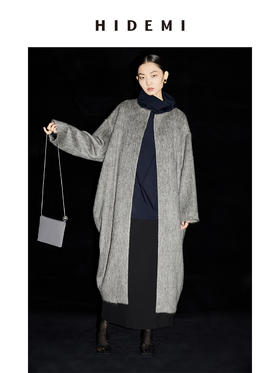 HIDEMI 水墨灰马海毛可拆卸围巾设计感长款茧型两件套大衣