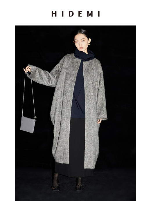 HIDEMI 水墨灰马海毛可拆卸围巾设计感长款茧型两件套大衣 商品图0