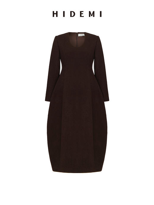 HIDEMI 羊毛复古棕收腰设计感花瓶式茧型厚款立体连衣裙 商品图7
