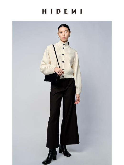 HIDEMI 美利奴羊毛系列原白色灯笼袖立领设计感厚款毛衣 商品图1