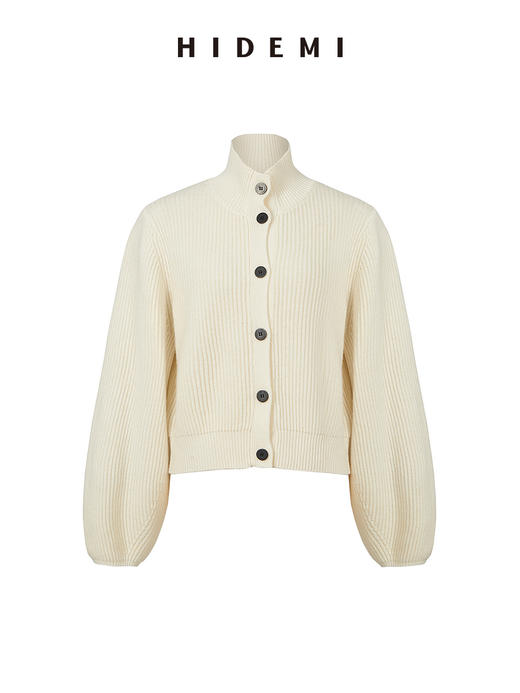 HIDEMI 美利奴羊毛系列原白色灯笼袖立领设计感厚款毛衣 商品图8