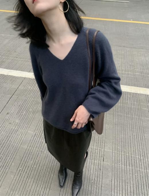 HIDEMI 浣熊毛V领灯笼袖毛衣 栗子色/静谧蓝 商品图2