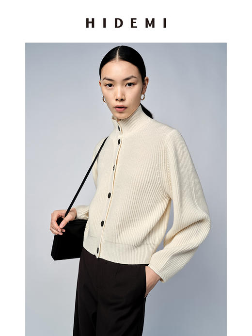 HIDEMI 美利奴羊毛系列原白色灯笼袖立领设计感厚款毛衣 商品图4