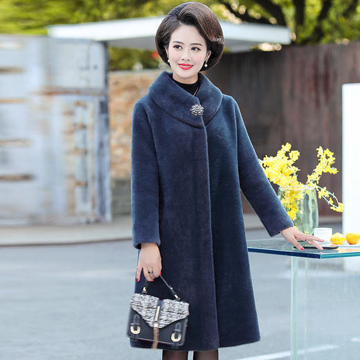 气质中年妈妈装纯色毛呢外套中老年秋冬装仿貂绒过膝大衣女中长款 NSM868 商品图2