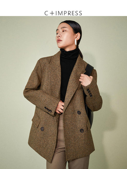 西嘉C+IMPRESS/西嘉羊毛彩色人字纹廓形复古INS博主同款西装外套 商品图0