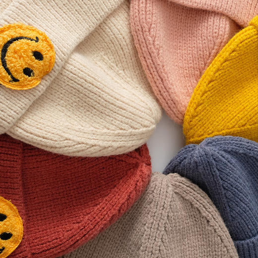 秋冬新款韩版可爱卡通笑脸针织毛线帽保暖儿童帽糖果色宝宝帽子 商品图3